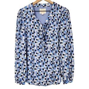 Sail to Sable Blue Geometric Tie Front Long Sleeve Blouse Blue, Medium